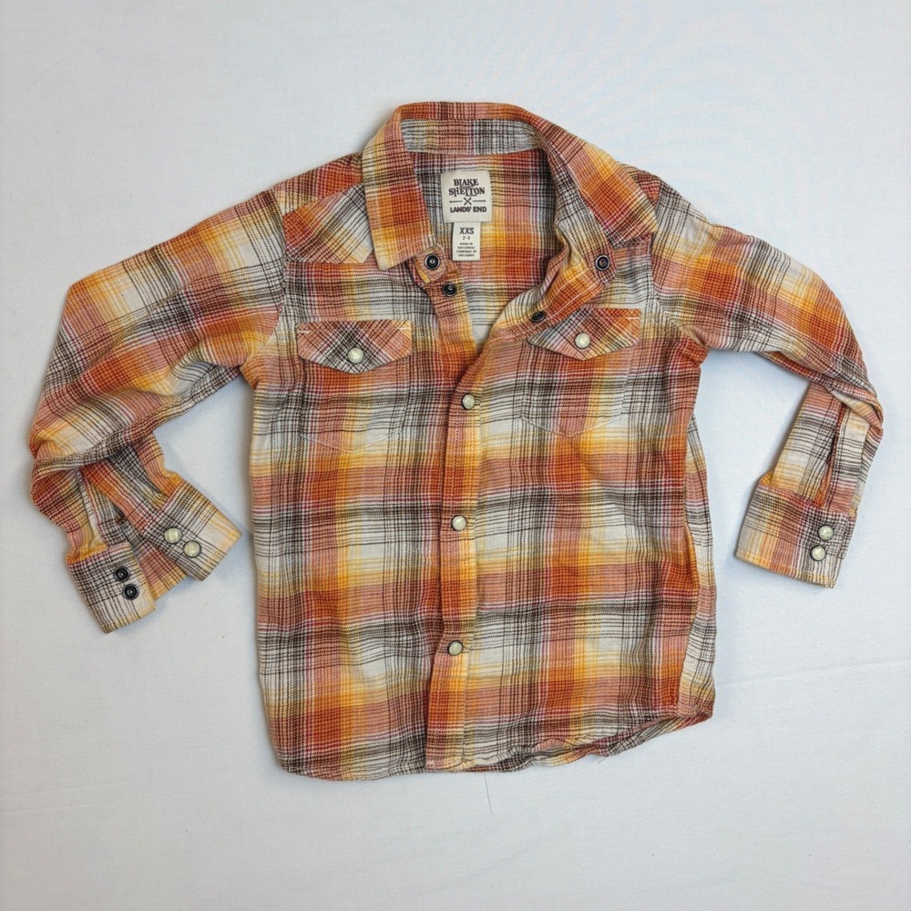 Blake Shelton x Lands End‎ Kids XXS 2-3 Orange Plaid Flannel Button Down Shirt